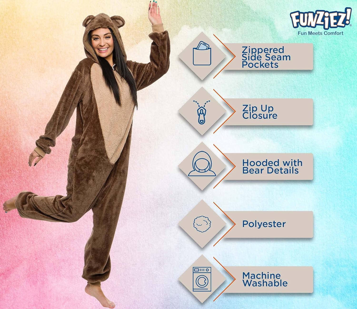 Funziez! Slim Fit Sherpa Adult Onesie - Animal Halloween Costume - Plush One Piece Cosplay Suit for Women and Men - Image 4