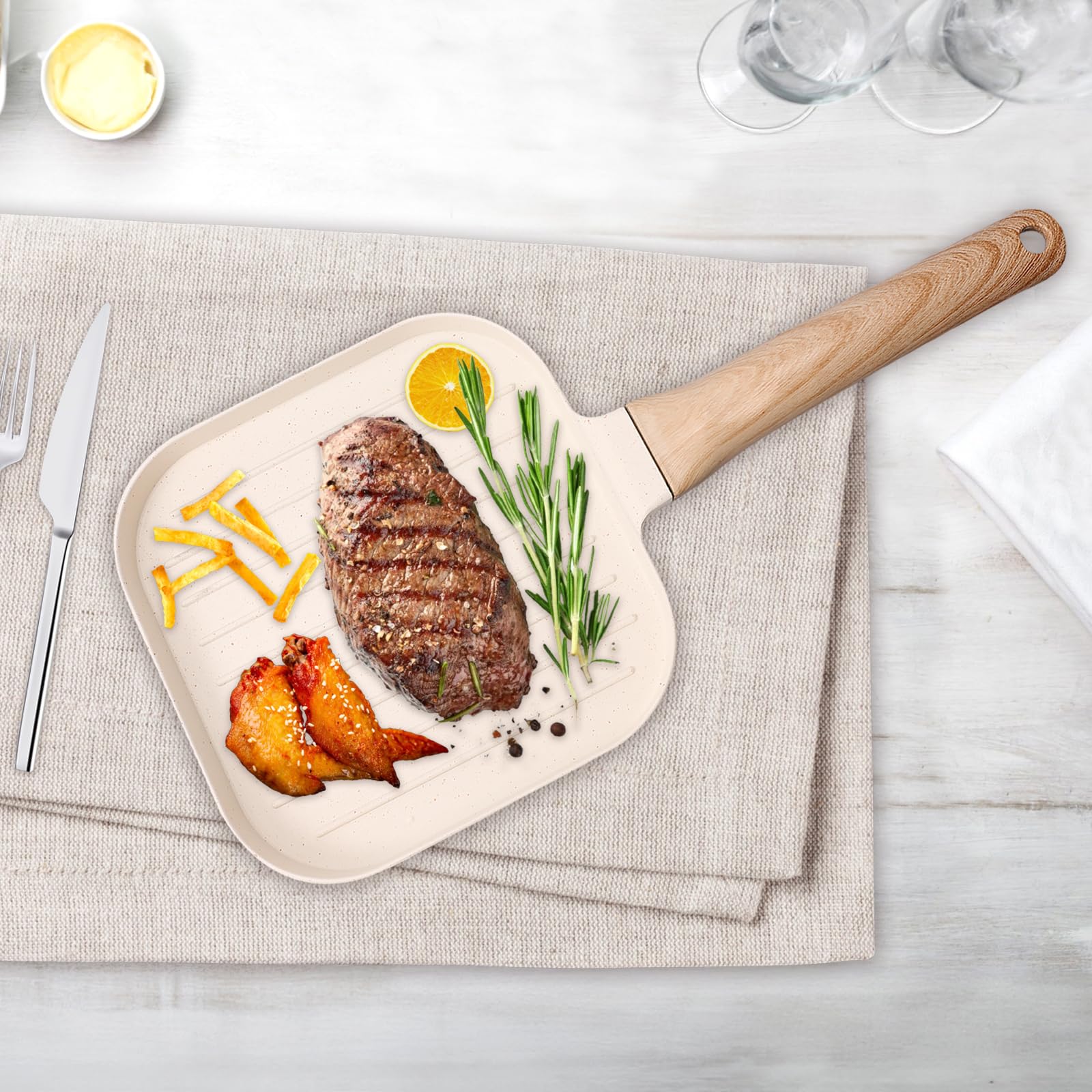 ATopoler Nonstick Griddle Pan,Small Frying Pans with Heat-Resistant Handle,7in Square Grill Pan, Fast Frying and Grilling,Compatible with All Stovetops(White)