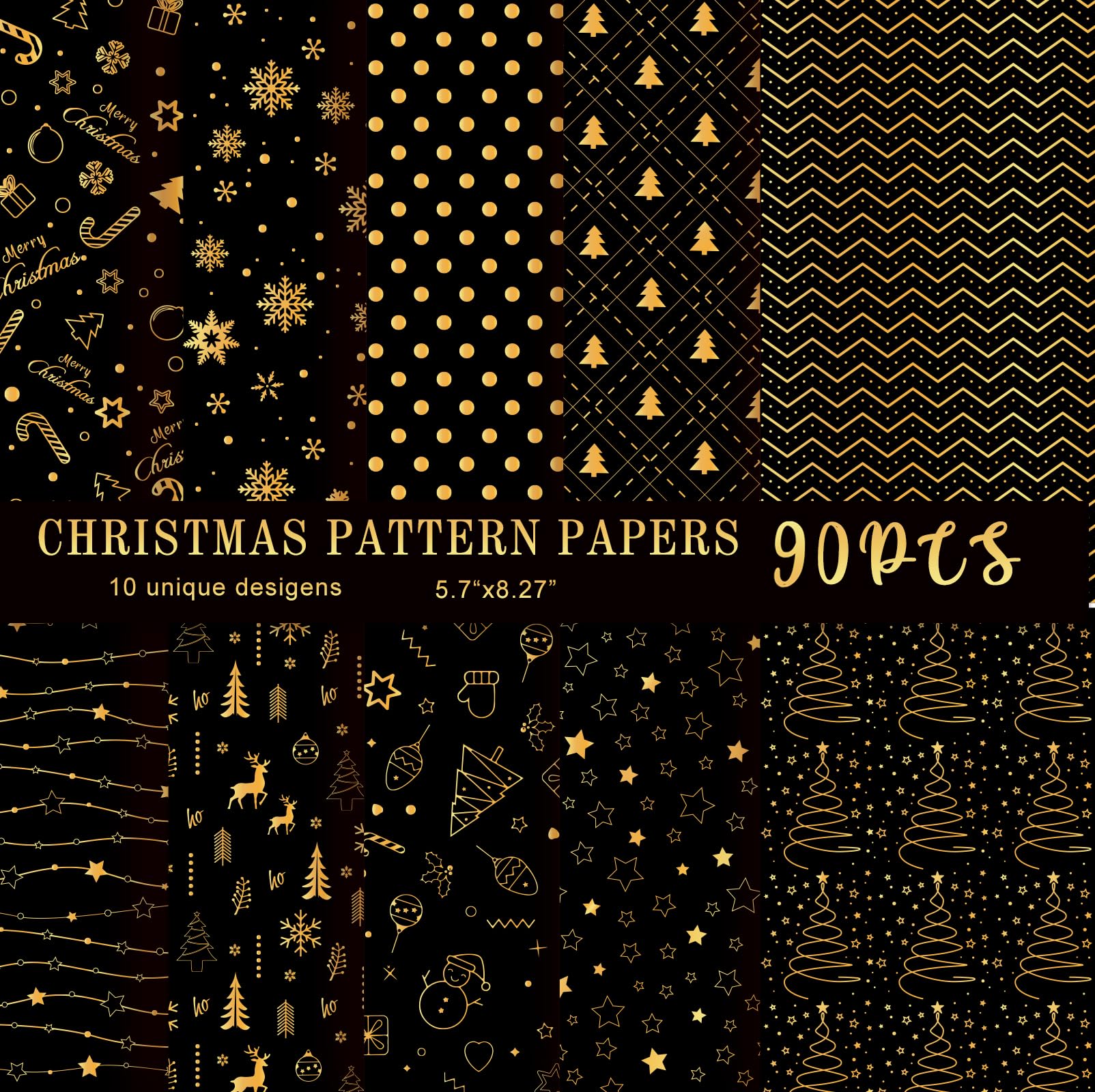MIAHART 90 Sheets Merry Christmas Pattern Paper Set 10 Designs A5 Size Festival Decorative Craft Paper for Card Making Scrapbook (Black & Gold