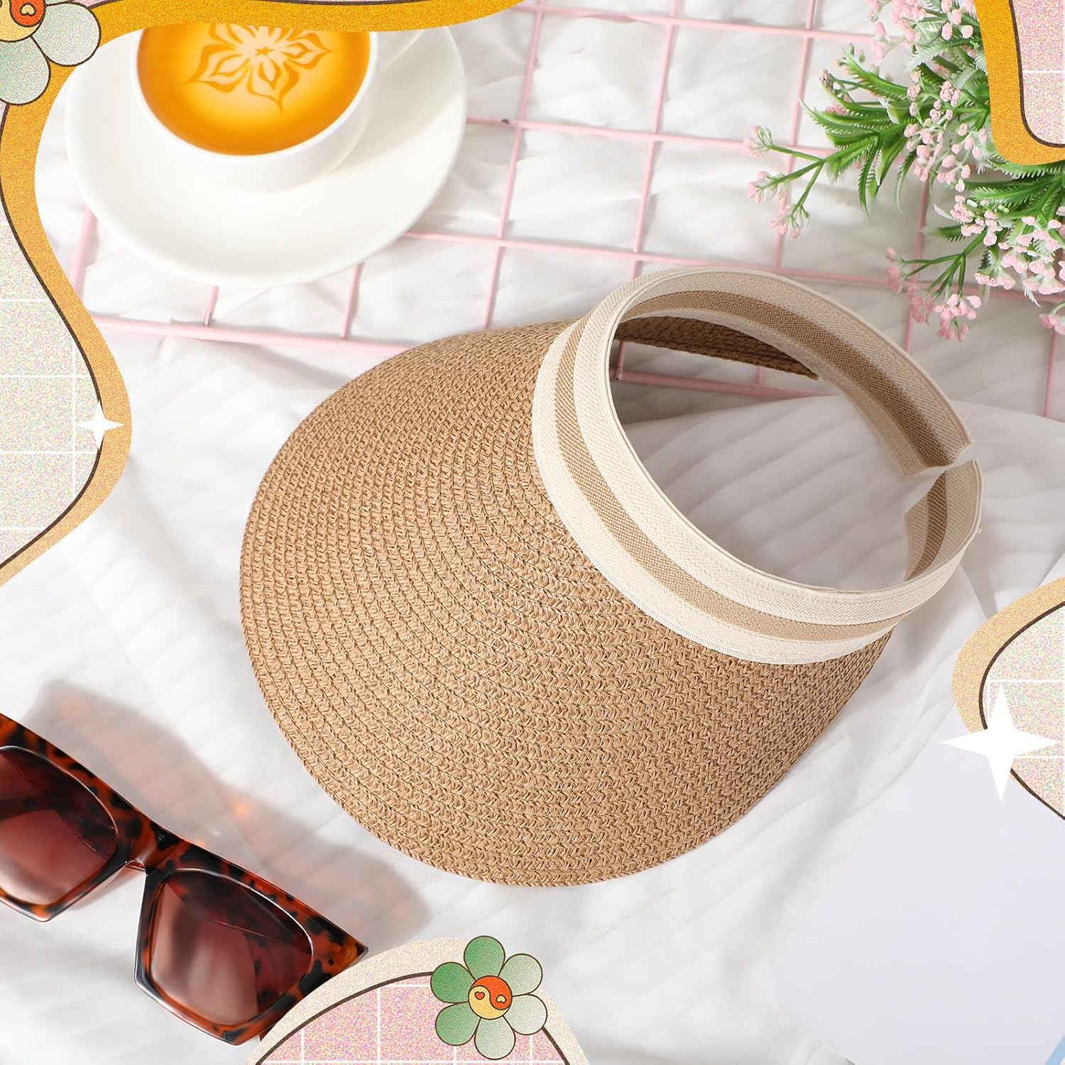 Tigeen 12 Pcs Colorful Sun Visor Hat for Women Golf Bulk Summer Straw Wide Brim Beach Hats UPF 50+ Adjustable for Outdoor