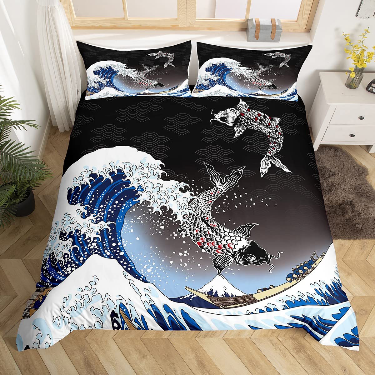 Homewish Boys Multi 26 Sea Wave Duvet Cover Koi Fish Bedding Set Double Size Japanese Style Comforter Cover Set For Girls Youth,Fuji Mountain Japan Carp Bed Sets Ethnic Kawaii Ukiyoe Theme Lake View Bedroom Decor