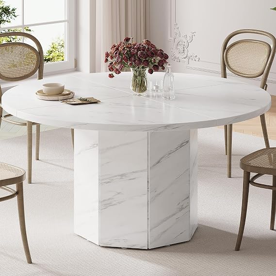 HSH Round Dining Table for 4-6 People, White Faux Marble Dinner Table only, Modern Circle Kitchen Table for Home Living Room, Industrial Wood Dining Room Table with Octagon Base, White Marble, 120 cm