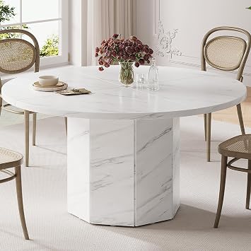 HSH Round Dining Table for 4-6 People, White Faux Marble Dinner Table only, Modern Circle Kitchen Table for Home Living Room, Industrial Wood Dining Room Table with Octagon Base, White Marble, 120 cm