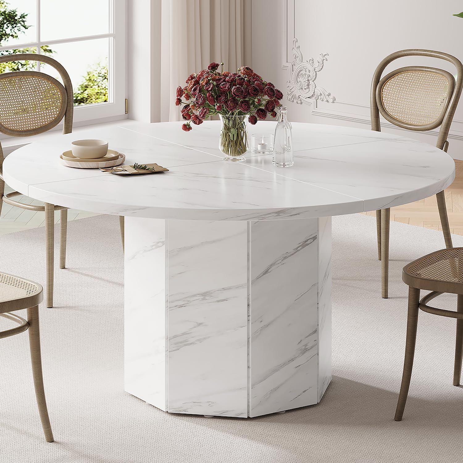 HSH Round Dining Table for 4-6, 47” White Faux Marble Dinner Table only, Modern Circle Kitchen Table for Home Living Room, Industrial Wood Dining Room Table with Octagon Base, White Marble