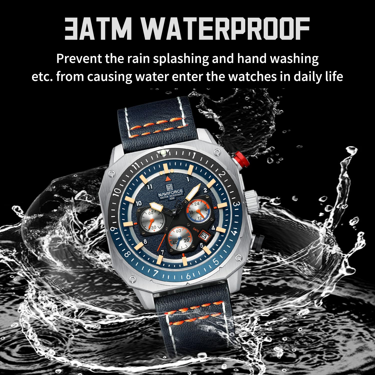 NAVIFORCE Men's Fashion Sport Watches Military Square Big Face Waterproof Chronograph Wristwatch with Luminous Hands,Leather Strap