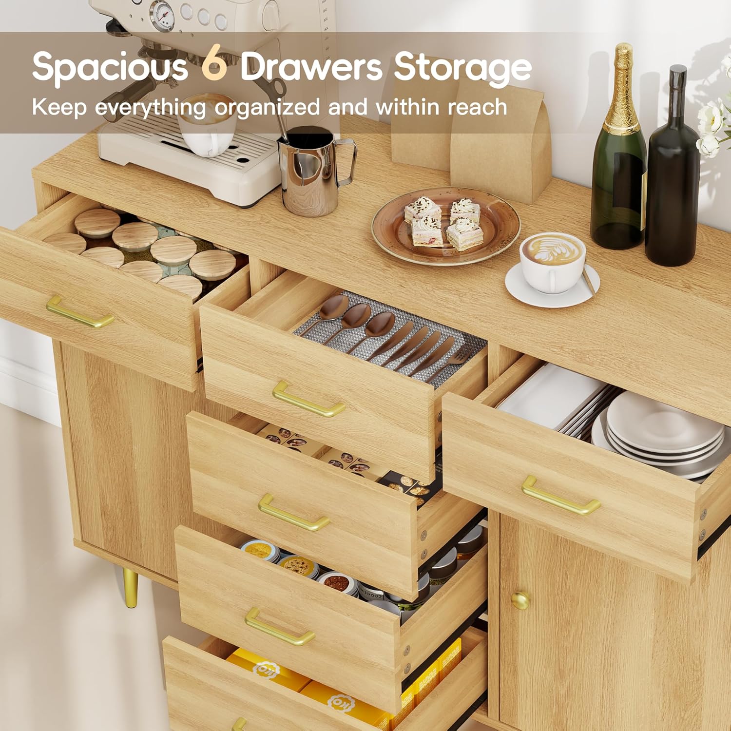 Wood 6 Drawer Dresser for Bedroom with 2 Doors, 48" Wide Modern Chest of Drawers with Metal Handle, Wooden Dresser TV Stand, Wood Closet Clothes Storage Organizer for Living Room, Hallway, Natural Oak