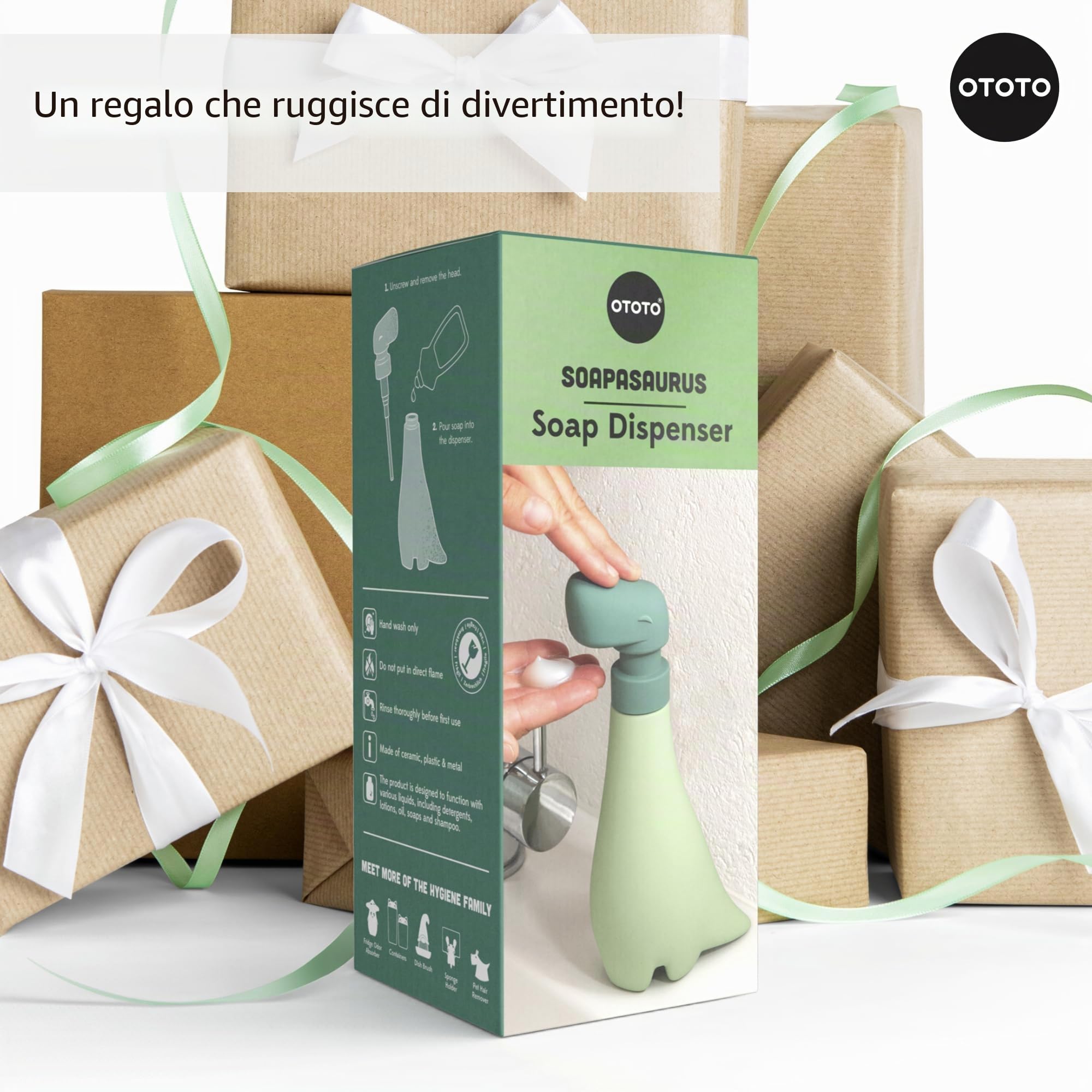 OTOTO Soapasaurous Dino - Dispenser di sapone per le mani, grazioso accessorio da bagno, dispenser di sapone liquido, dinosauro, accessori da cucina carini, regali per bambini