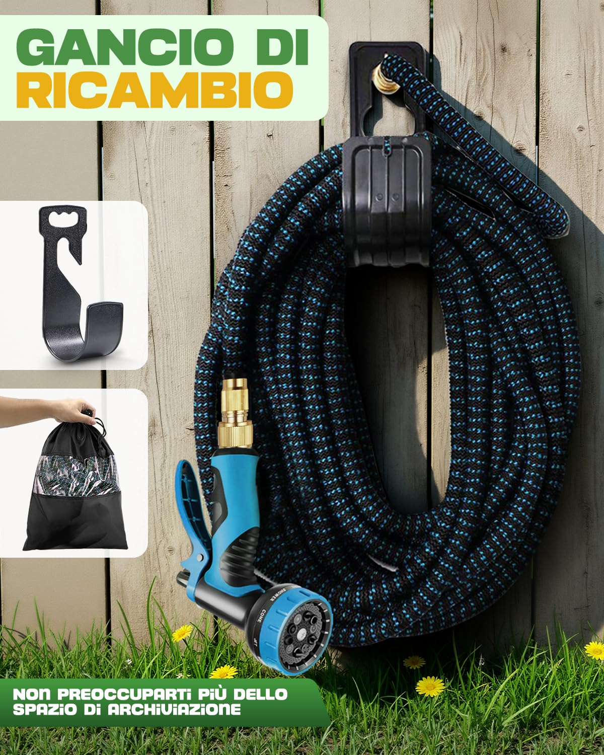 Tubo Estensibile 45m Universale, Canna Flessibile Multiuso con Pistola 10 Funzioni e Raccordi in Ottone, Tubo Rinforzato 4 Strati, per Giardinaggio, Pulizia e Auto