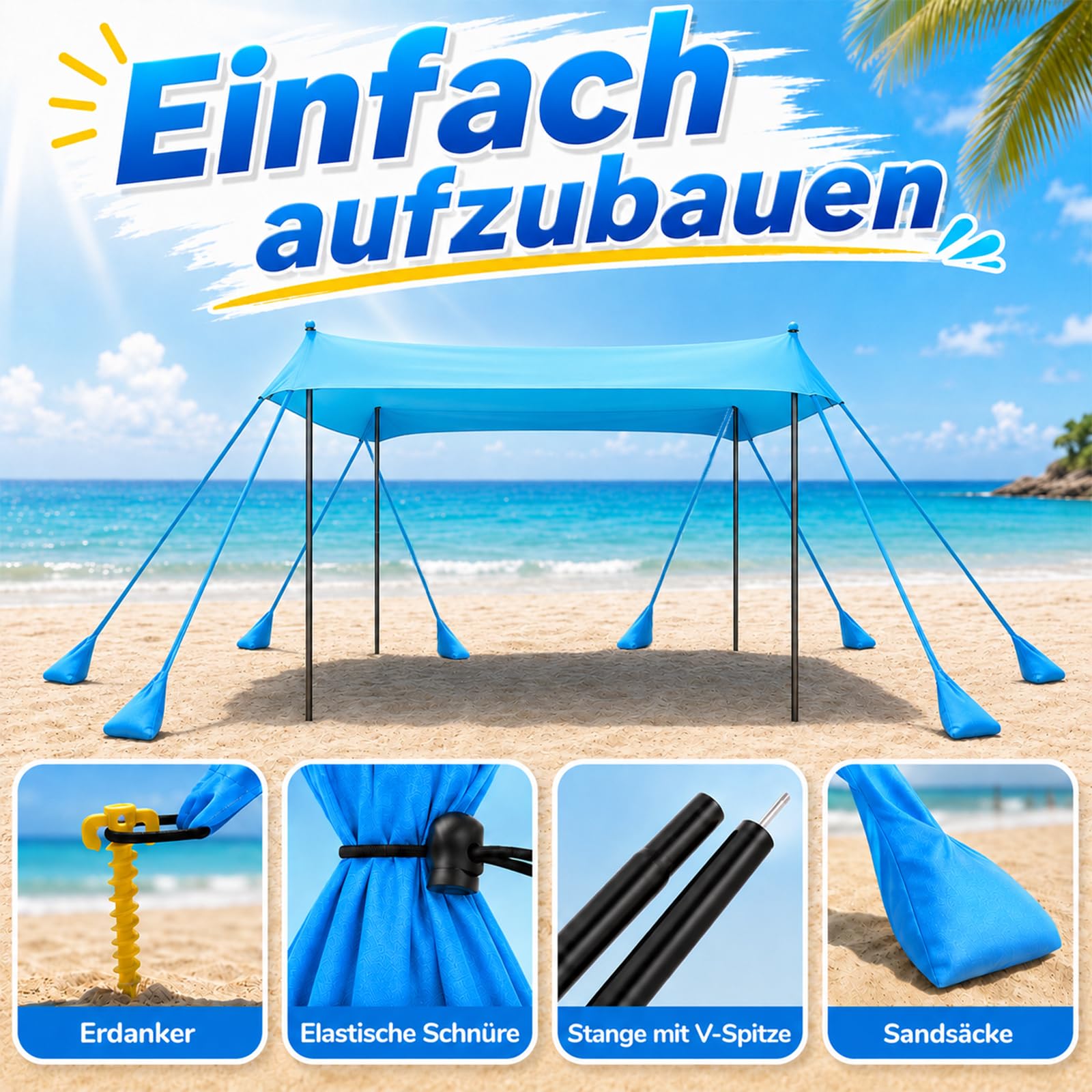 Tente de plage 3 x 3 m, protection solaire UPF50+ pour bébés et familles, montage en quelques secondes, 8 sacs de sable, maille respirante à 360°, cadre en aluminium stable, parfaite pour la plage, le