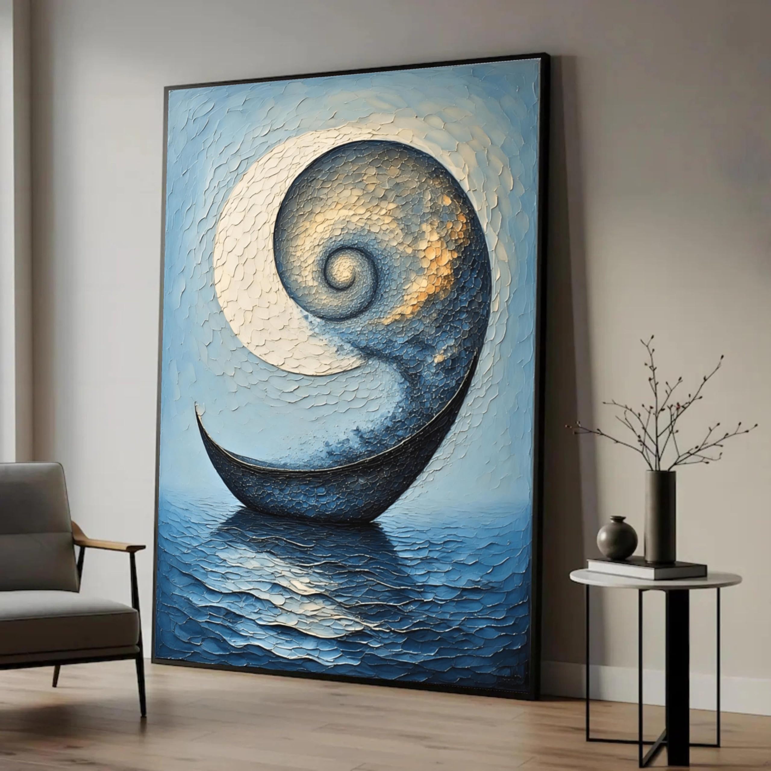 TONGYINLI Abstract Spiral Boat Canvas Oil Painting, Ocean Waves Wall Art, Canvas Print for Living Room(70x100cm/Frameless)