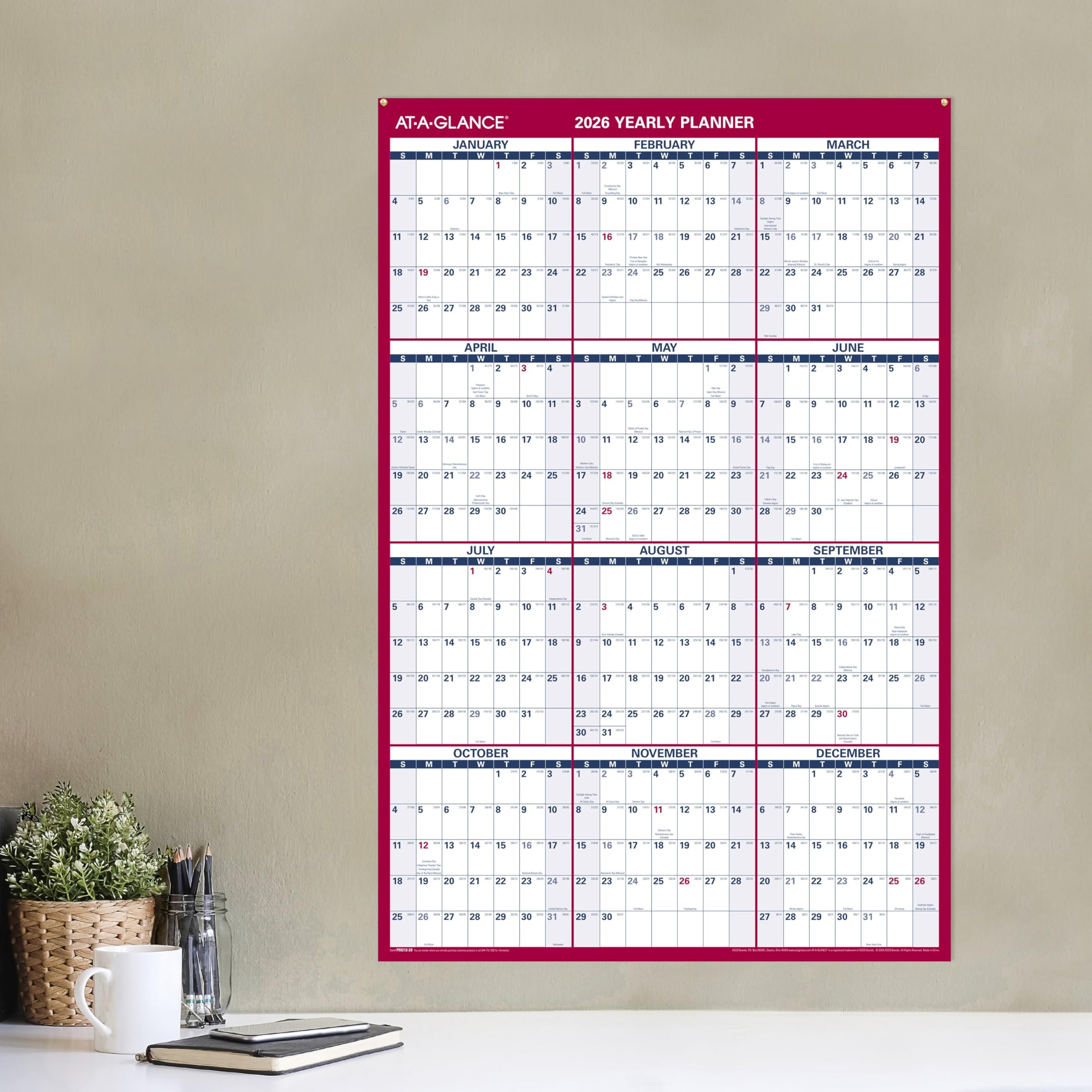 Calendrier Mural 2026 AT-A-GLANCE - Format 30,5x43,2 Cm, Pages Mensuelles, Résistant Aux Taches