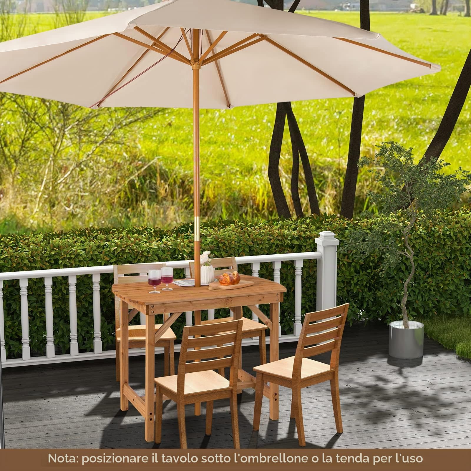 COSTWAY Tavolo Pranzo da Giardino in Legno, con Foro per Ombrellone, per 4-6 Persone, Giardino Patio Cortile, 100 x 60 x 75 cm, Portata 180 kg
