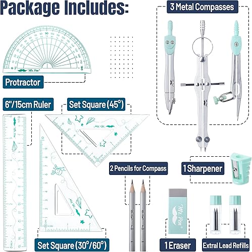 Miniatura 4 de Mr. Pen - Juego de geometría, 13 piezas, brújula para brújula geométrica, juego de kit de geometría con caja de almacenamiento inastillable, brújula