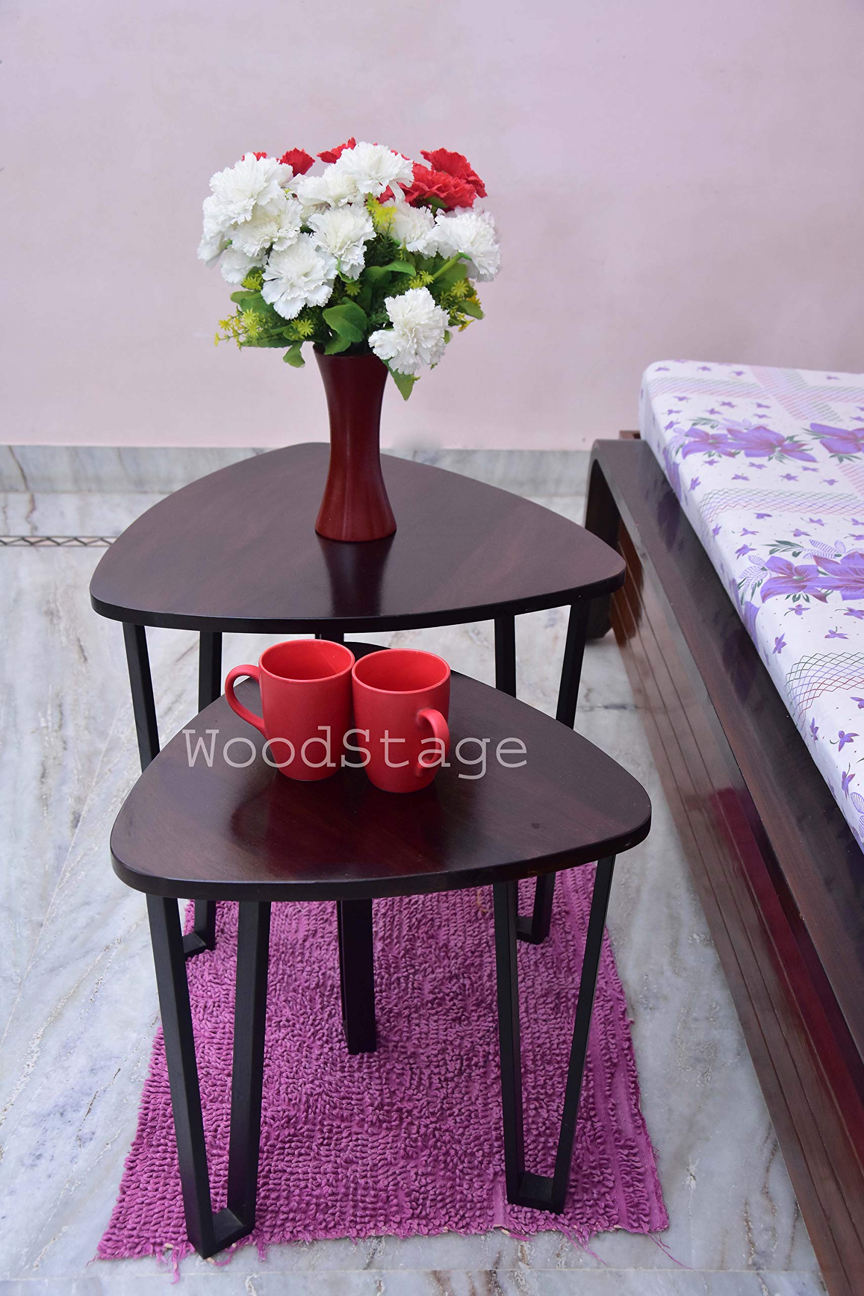Woodstage Sheesham Wood Nesting Tables Set of 2 Stools for Living Room Wooden Furniture Solid Wood Bedside End Table for Home and Bedroom (Dark Brown Finish)
