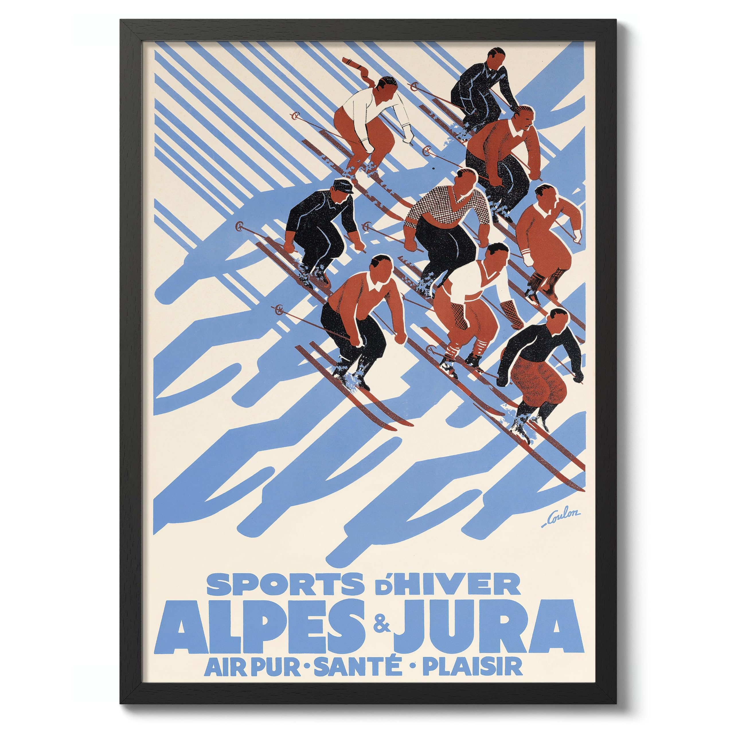 Skiing In The French Alps Vintage Skiing Poster, Minimalist Wall Art, Mountain Travel Prints, Snow, Ski Trip Home Decor, A3 (Black Frame) - 45x32.8cm