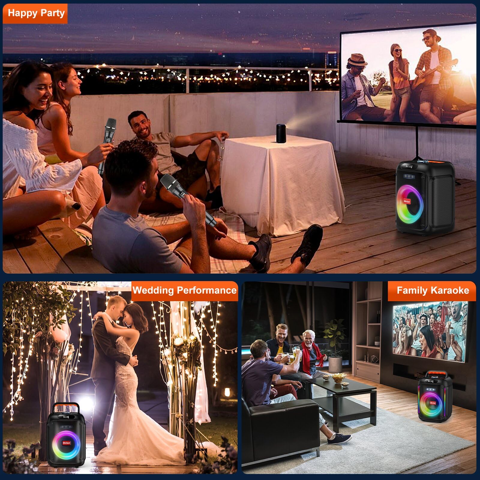 Karaoke-Maschine mit 2 Mikrofonen für Erwachsene Kinder, Bluetooth-Caraoke-Lautsprecher mit Bass/Höhenverstellung, PA-System mit Fernbedienung/LED-Lichter, unterstützt Rec/USB/AUX (dunkelschwarz)
