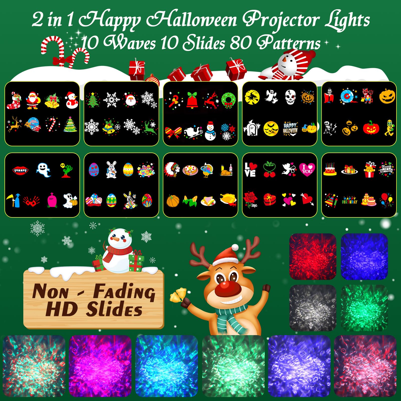 Projektor Weihnachten Aussen, 80Muster 10Farben Wasserwellen Projektor Weihnachten Wasserdichte, Weihnachts Projektor Außen mit Fernbedienung&Timer für Weihnachten Halloween Weihnachtsdeko
