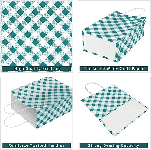Miniatura 4 de ECOHOLA Bolsas de papel de guingán cian, 16 piezas, bolsas a cuadros de búfalo, bolsas de regalo, bolsas de papel turquesa con asas, 10 x 8 x 4
