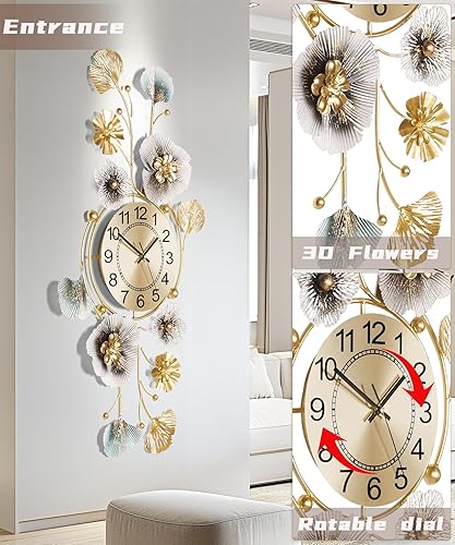 Miniatura 4 de Reloj de pared para sala de estar, reloj de pared silencioso decorativo, diseño retro 3D de hoja de ginkgo de metal, para oficina, dormitorio,