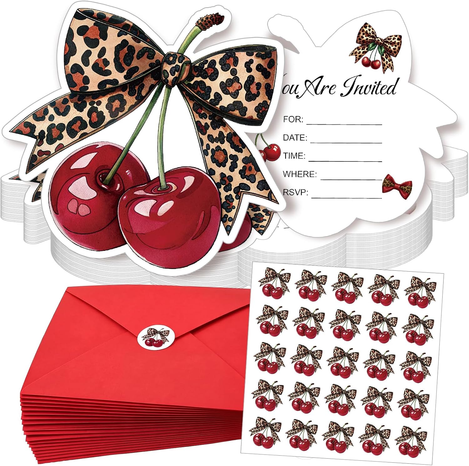 Marspark 25 Set Cherry Cheetah Print Birthday Invitation Cheetah Birthday Paper Card with Envelopes and Leopard Stickers Wedding Bridal Shower Party Invitations for Girls Dinner Favors, 5 x 6 Inches