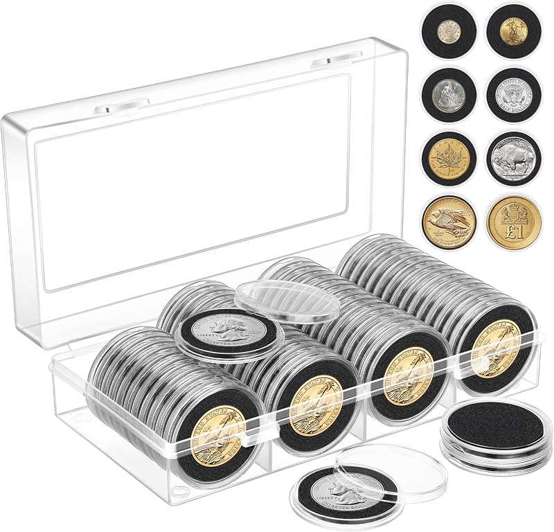 60pcs 40mm Coin Capsules Set, Coin Holders for Collectors with 8 Sizes (17/20/25/27/30/33/38/40mm) Adjustable Black Foam Gaskets and Plastic Storage Box