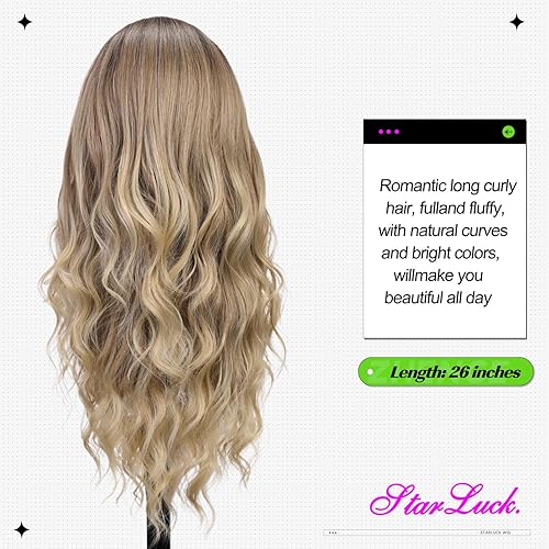 Miniatura 6 de starluck Peluca larga ondulada rubia ombré para mujer, 26 pulgadas, parte media, peluca rizada de aspecto natural, peluca de fibra sintética