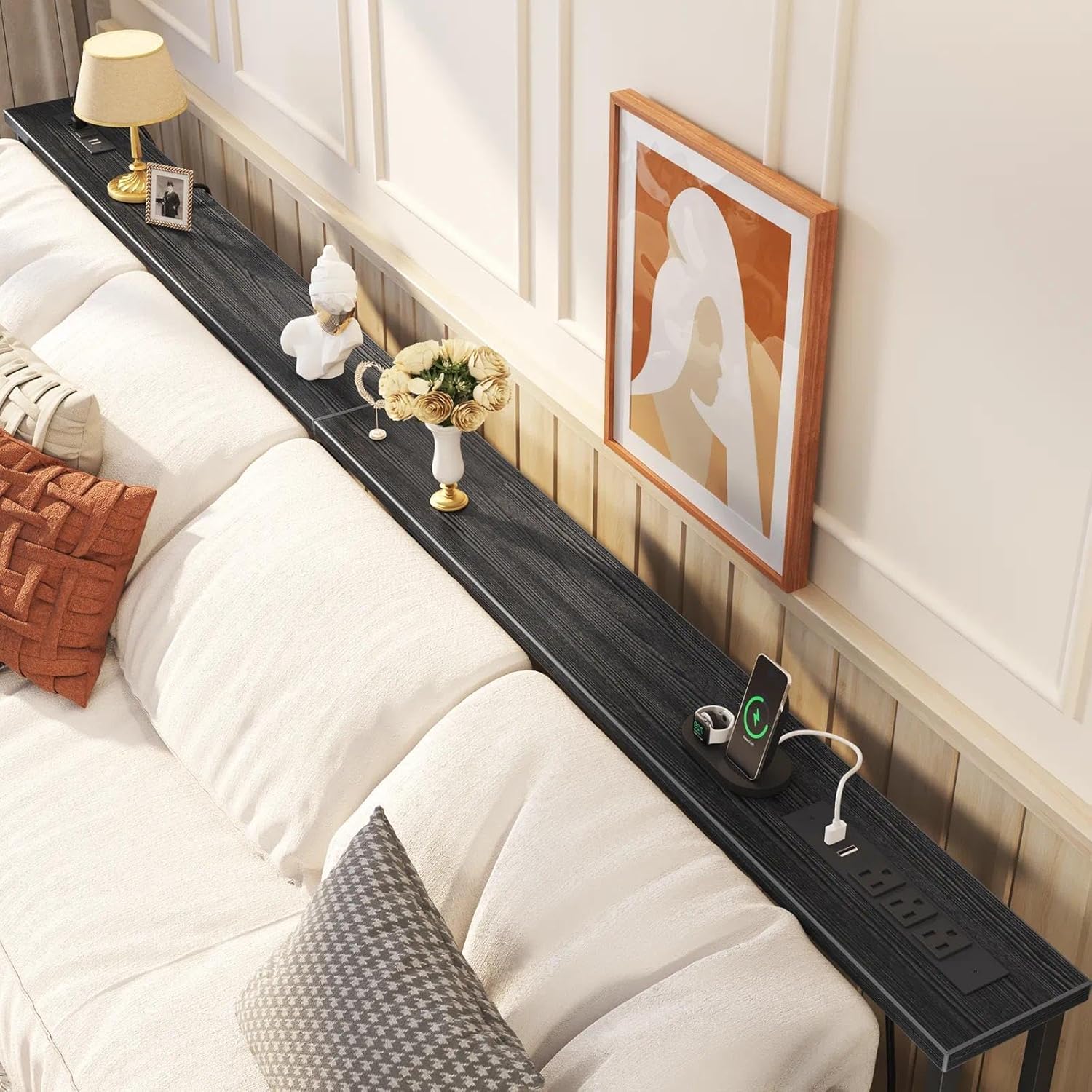 102.4’’ Narrow Console Table with 26"–34" Height Adjustable, Behind Couch Table Skinny with 2 Power Outlets and USB Ports, Long Sofa Tables for Living Room and Small Spaces, Black
