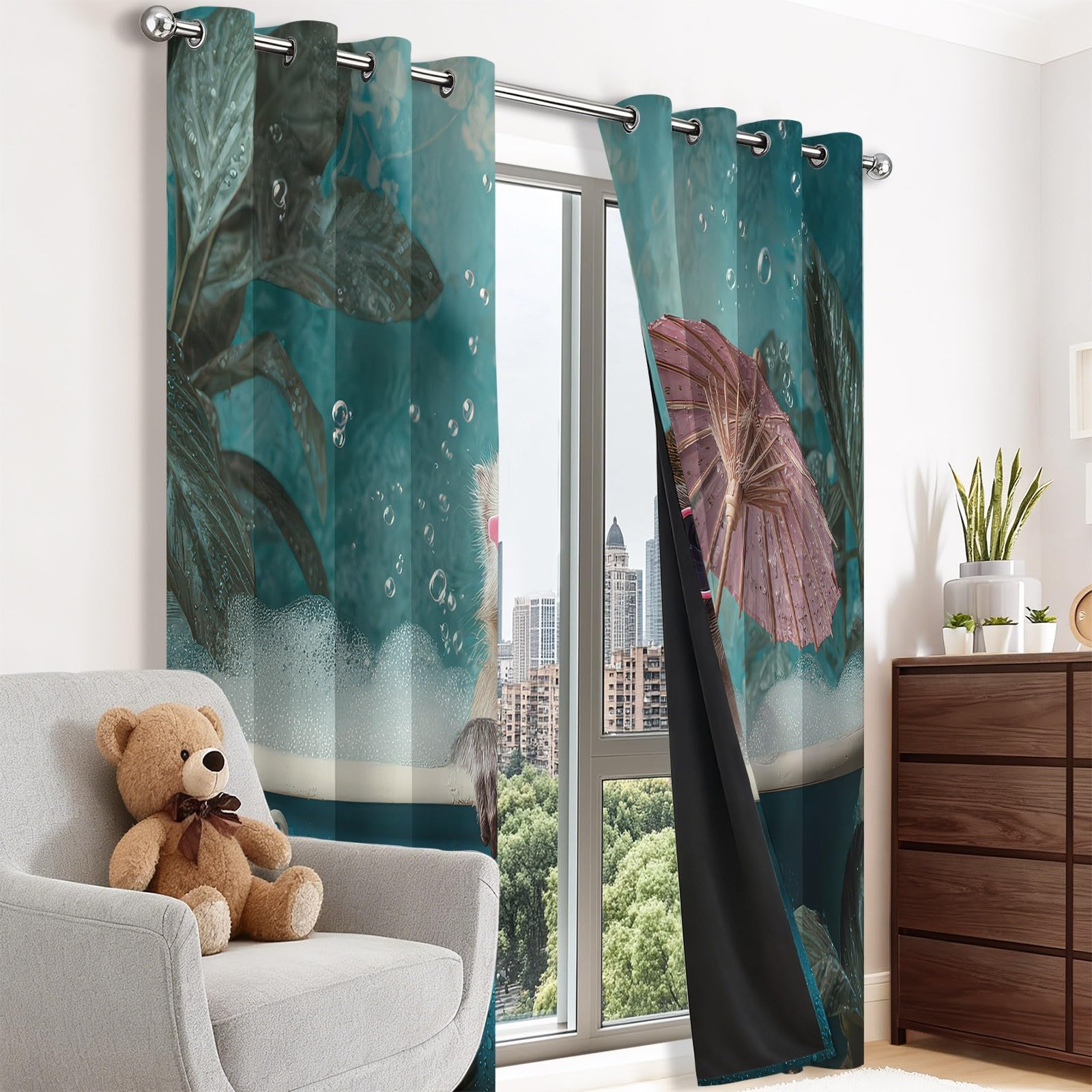 Generisch Gardinen Vorhänge Blickdicht Grün - Hochwertiger Badewanne mit Cartoon-Affen Print H200 x B70 cm (2er Pack) Schalvorhänge mit Stangentasche für gehobenes Wohnambiente