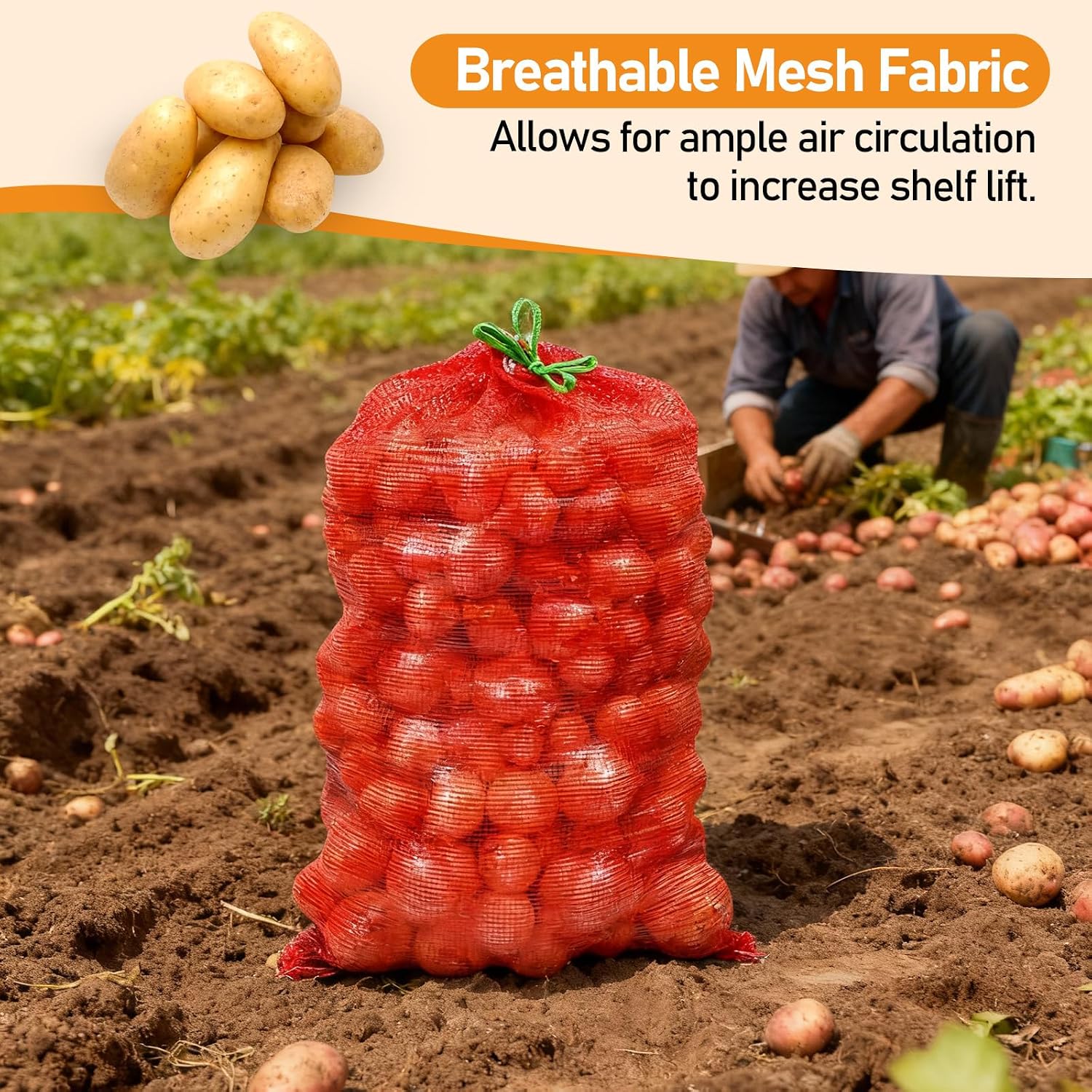 50 Pack Mesh Produce Bags Extra Large 60 lbs Reusable Onion Sacks 21” x 32” Drawstring Fresh Produce Storage Bag Washable Net Bag for Onions, Vegetables, Potatoes, Citrus, Crawfish, Firewood