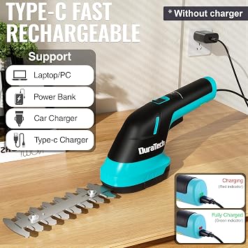 DURATECH Cordless Hedge Trimmer, 3.6V 3-in-1 Handheld Electric Grass Trimmer & Hedge Shears with 50 Wheeled Extension Pole, USB Type-C Cable and Built-in Li-ion Battery, for Garden, Yard and Lawn