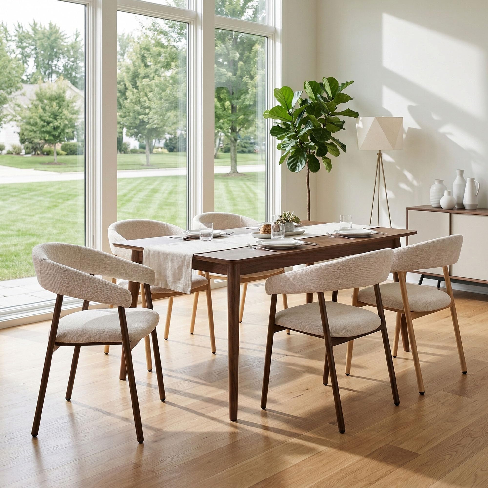 Modern Dining Chairs Set of 4 Ergonomic Chenille Upholstered with Armrest and Curved Back Kitchen Chair Metal Legs with Wood Grain Beige (2, Beige-oak color)
