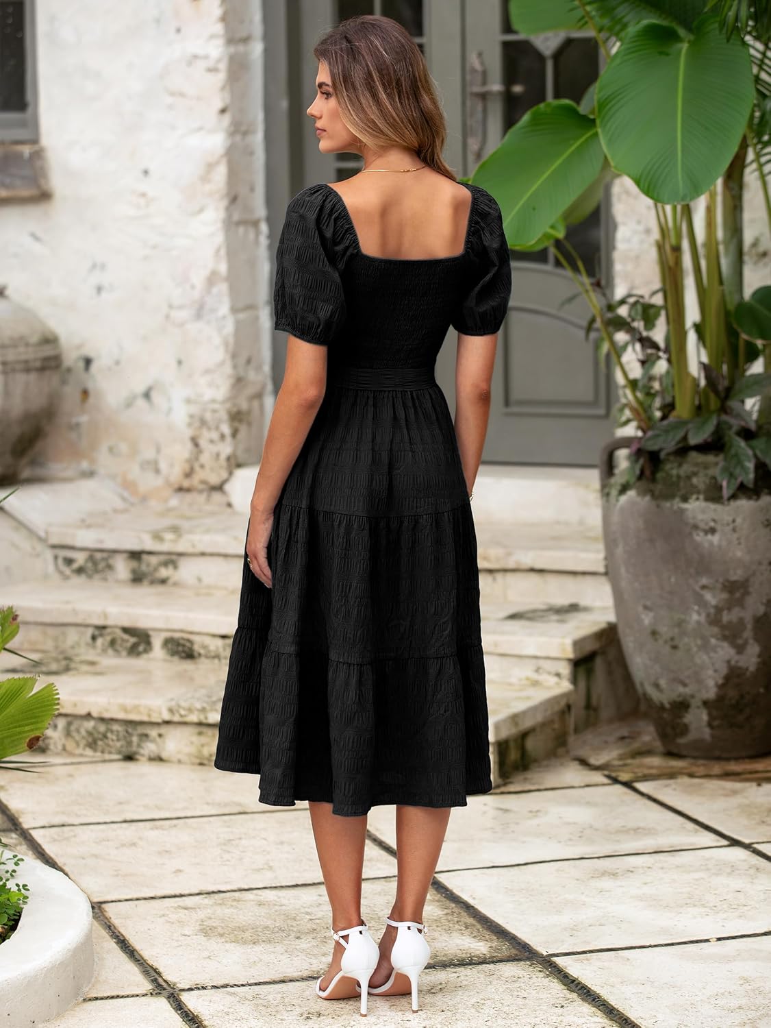 BerryGo Women's Summer 2025 Casual Smocked Midi Dress Square Neck Modest Puff Sleeve Flowy Beach Dress - Image 4