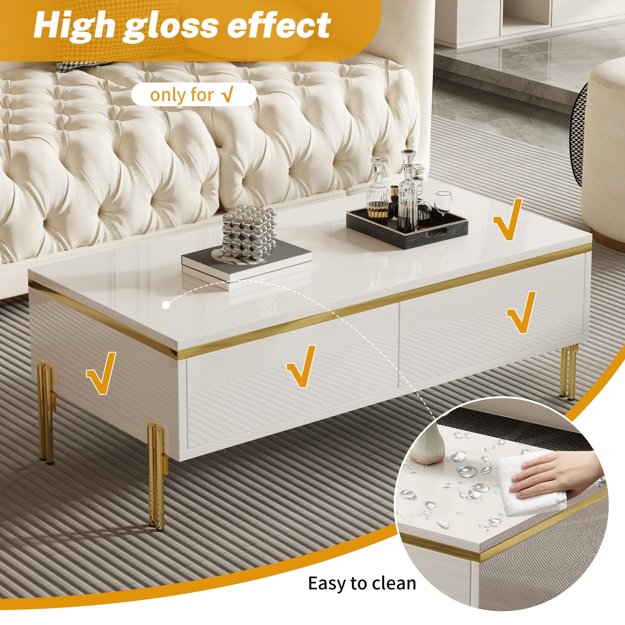 Modernes Luxus-TV-Schrank- und Couchtisch-Set, Hochglänzende Oberfläche in Unifarbe, Goldene Kanten, Großzügiger Stauraum (Weiß, Couchtisch-Set)