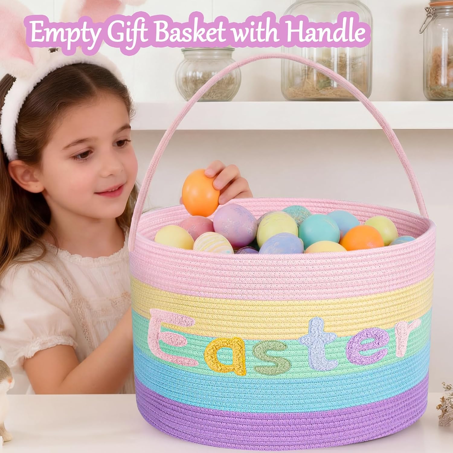 Rainbow Easter Basket, Extra Large Easter Egg Hunting Basket, Woven Cotton Rope Storage Basket Laundry Basket with Handle, Soft Round Storage Bin, Blanket Basket, Empty Gift Basket, 18.5"x13"