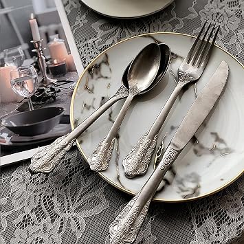 16 Piece Silverware Set Service for 4,Premium Stainless Steel Flatware Set,Stainless steel tableware, steak knife fork spoon set, vintage palace style hotel tableware,Utensil Sets for Home Restaurant