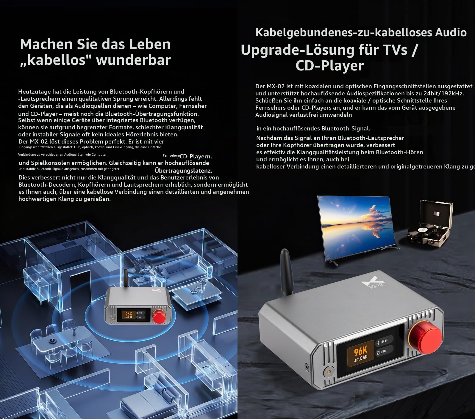 xDuoo MX-02 HD Bluetooth 5.4 Audio-Sender – LE Audio und aptX Lossless für extrem niedrige Latenz, Bluetooth-Dongle für PC/TV/CD-Player/PS5, kabelloser Lossless-Sender für Lautsprecher/Kopfhörer