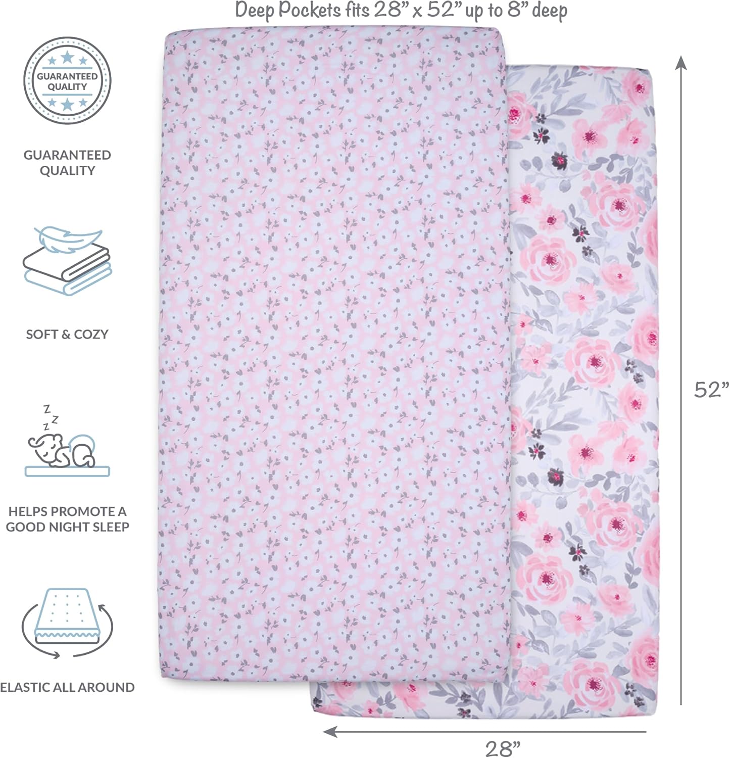 Bedtime Originals Floral Pink/Gray 2-Pack Fitted Crib/Toddler Sheet Set- Flower