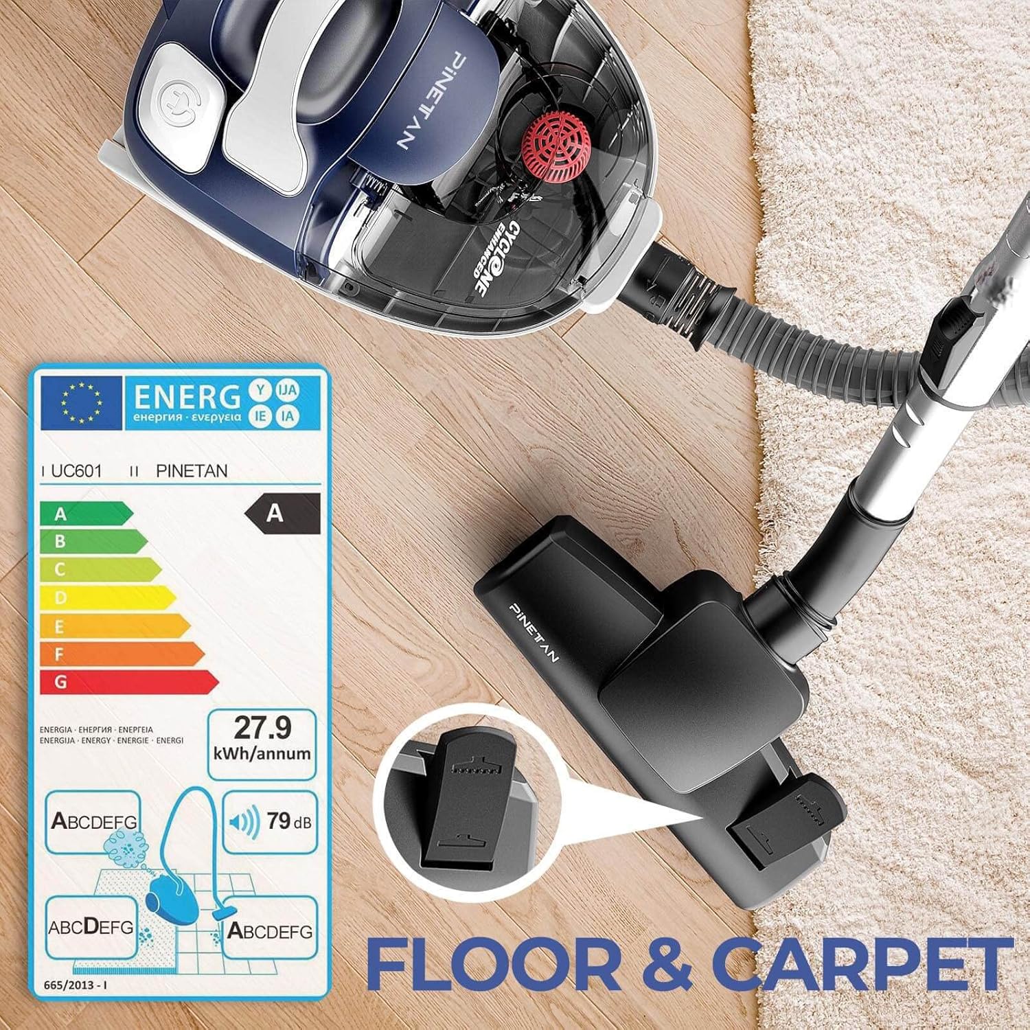 PINETAN Bagless Canister Vacuum Cleaner, with Double HEPA Filtration, Lightweight Design & Powerful Suction, Multi-Surface Cleaning Nozzle and Automatic Cord Rewind - Ocean Blue, UC361 -