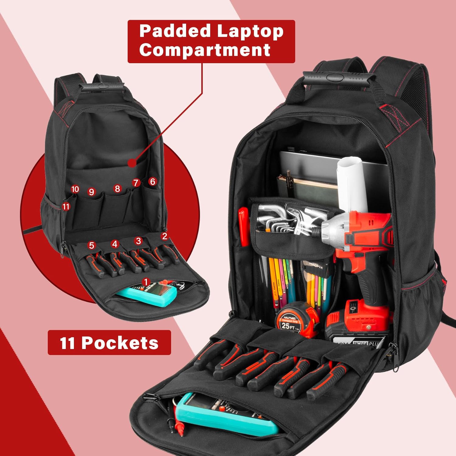 HAUTMEC Tool Backpack with Laptop Compartment, Heavy-Duty 1680D Oxford Tool Bag with Impact-Resistant Base, 11 Pockets, Padded Straps, Portable Tool Organizer for Technicians, Contractors – HT0407