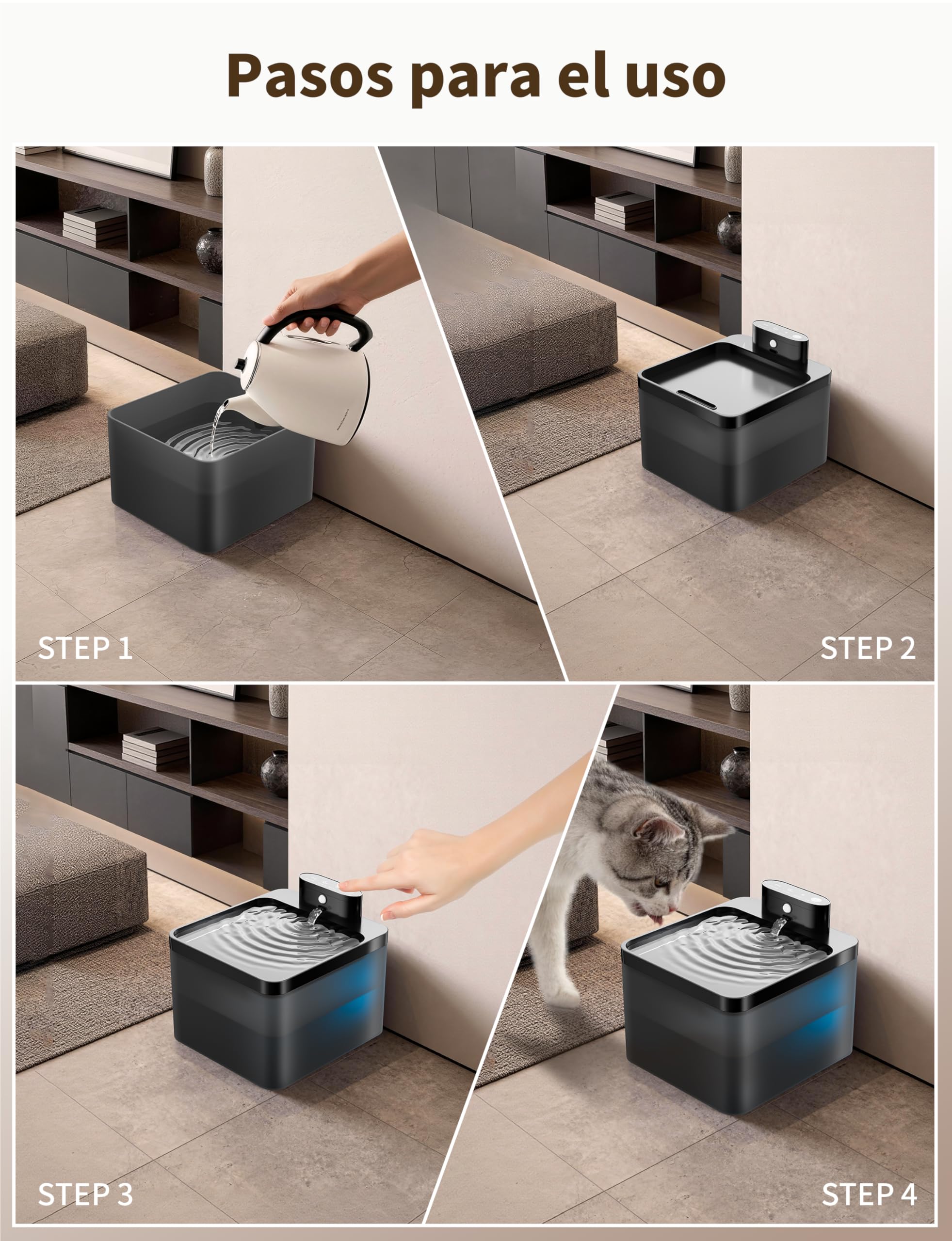 Fuente para gatos, 2,2 l, inalámbrica con LED, detector de movimiento, bomba silenciosa 30 dB, batería de 2600 mAh, filtración premium