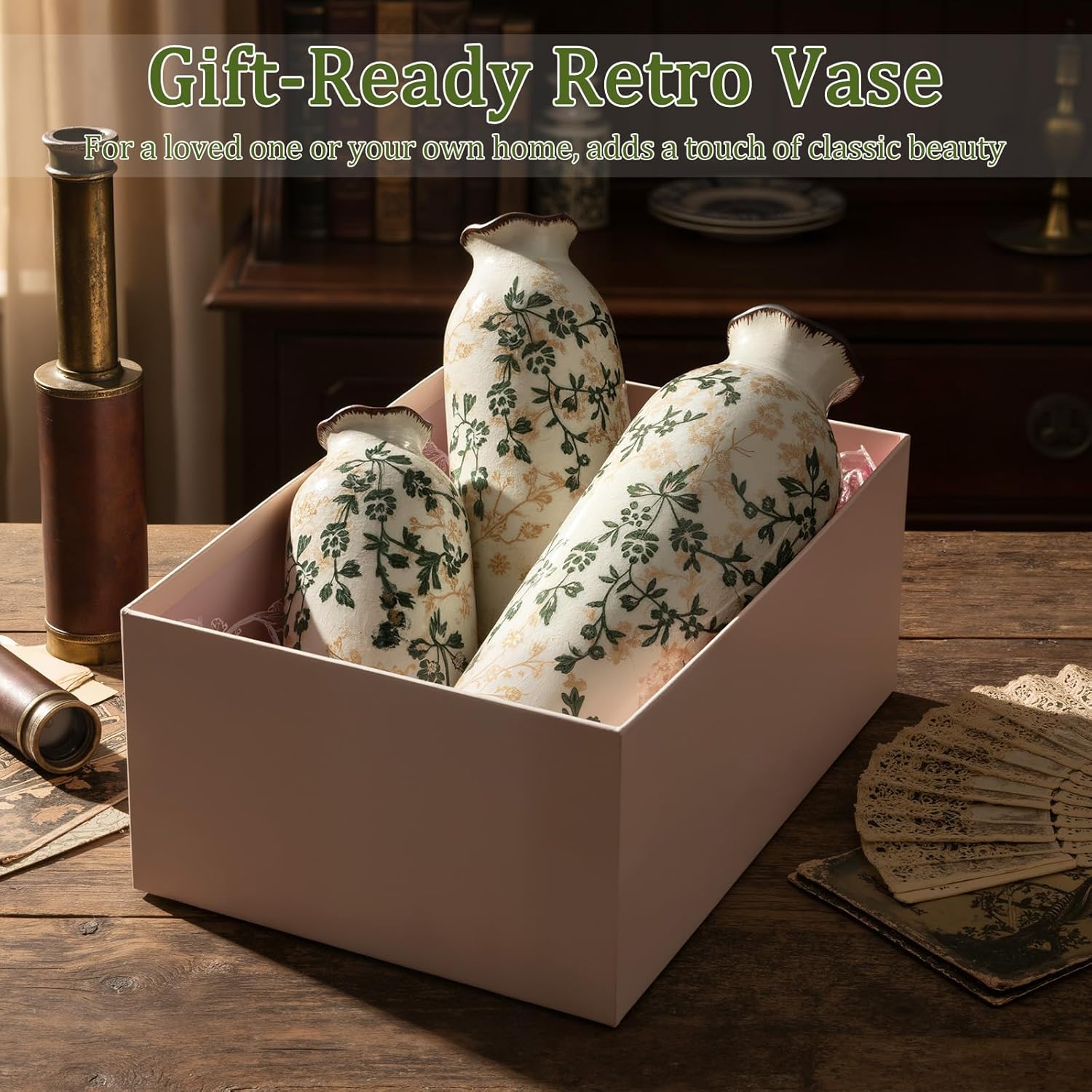 3 Pcs Green Vintage Vase Ceramic Rustic Crackle Floral Vase for Farmhouse Retro Home Bookshelf Living Room Table Centerpiece Decor (Small Middle and Large)