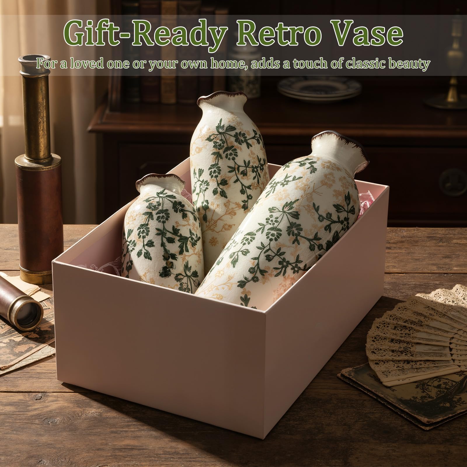3 jarrones de cerámica vintage verde y beige agrietados para el hogar, estantería, sala de estar, centro de mesa (pequeño, mediano y grande)