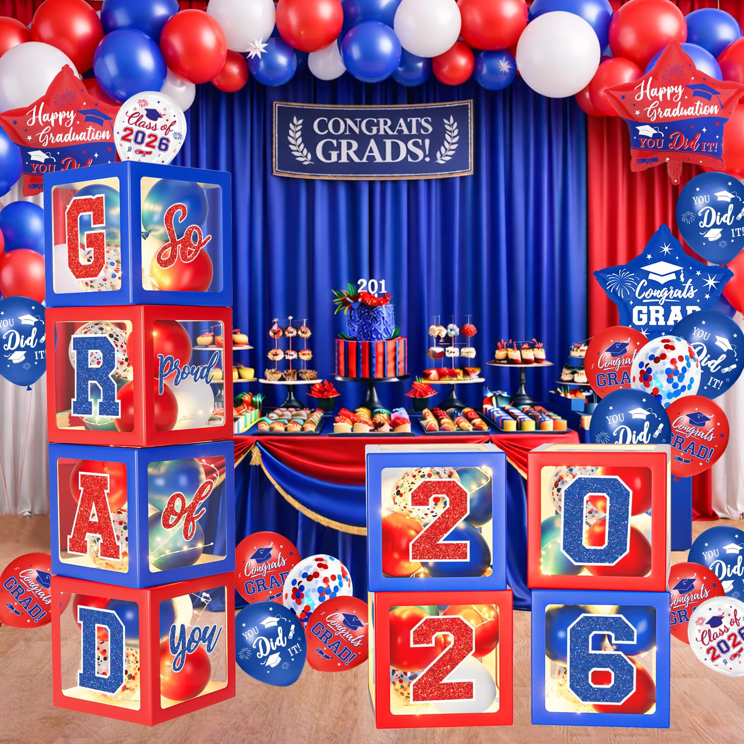 Photo 1 of 2026 Graduation Decorations, Red and Blue Graduation Decorations, Balloons Boxes (4PCS) with Letters 2026 GRAD So Proud of You, Congrats Grad Decorations for High School & College