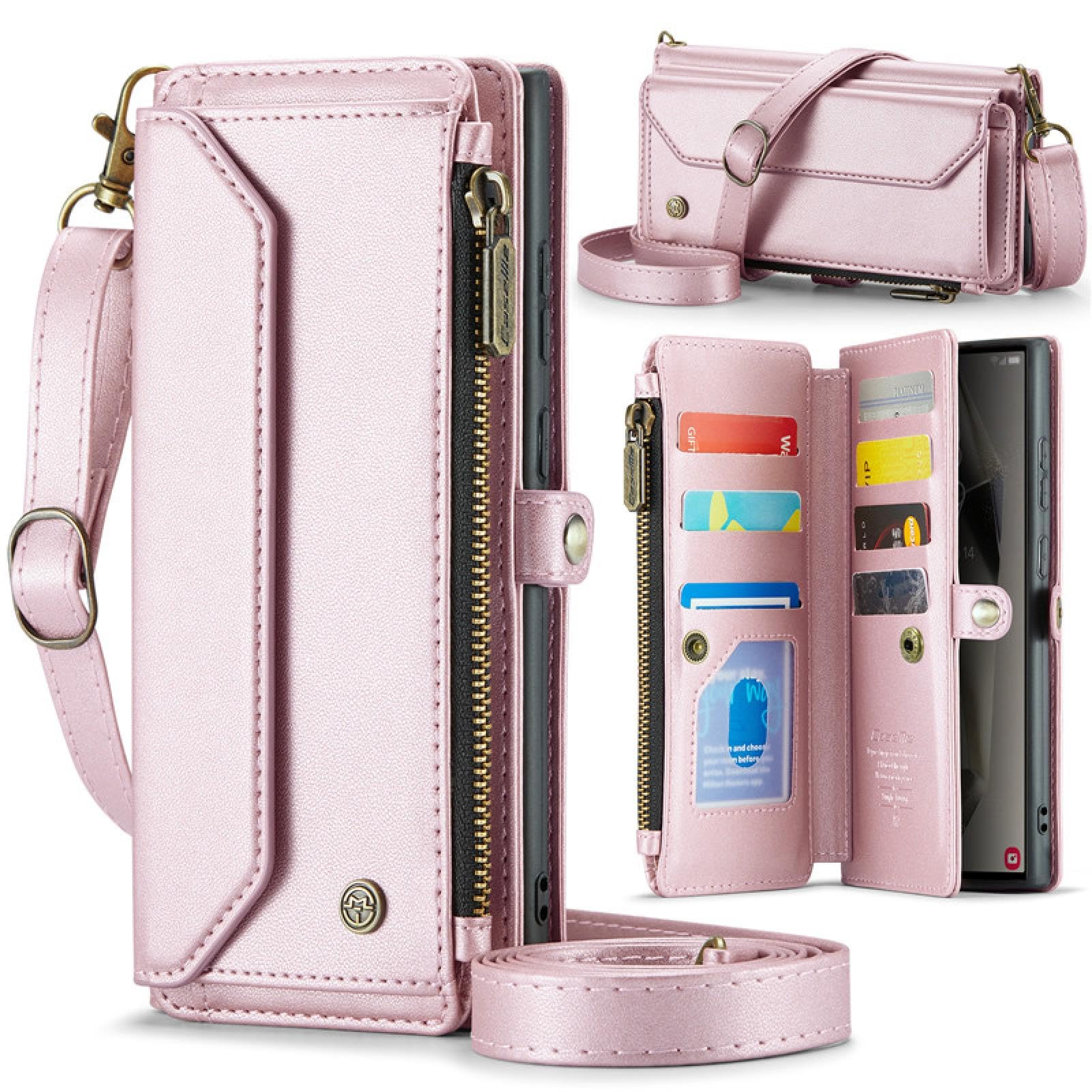 Do Samsung S23 Plus Crossbody Zip Portfel Etui na Telefony Smycz Skórzana Etui (Do Samsung S23 Plus/Różowe Złoto)