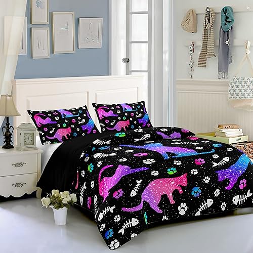 Miniatura 17 de Cartoon Cat Comforter Cover Set - Queen Size, Gradient Line Cat Bedding Set with Zipper for Kids Teens Boys Girls Adult Room Decor - 1 Quilt Cover 2