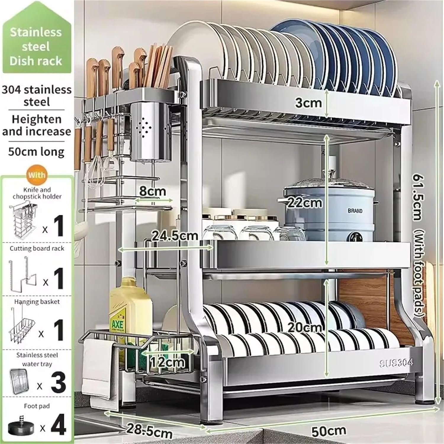 Stainless steel kitchen shelf Bowl and plate drain rack Storage Box Bowl Cabinet dish drying rack kitchen organizer(2 layers 40cm)