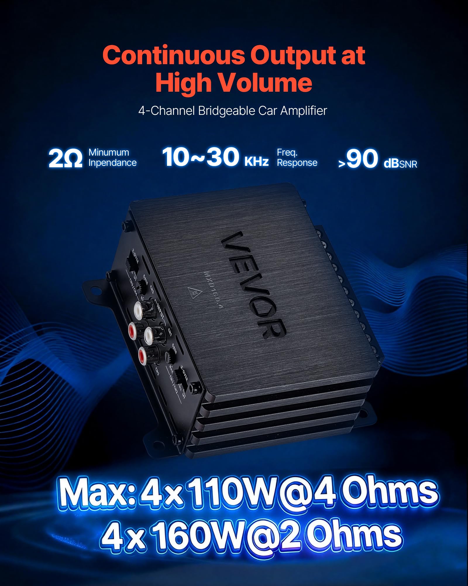 VEVOR Amplificatore Audio per Auto a 4 Canali Amplificatore a Ponte di Classe D max. 4x110 W a 4 Ohm/4x160 W a 2 Ohm, Tensione Nominale 14,4V CC Larghezza di Banda 10 Hz-30 kHz per Veicoli SUV