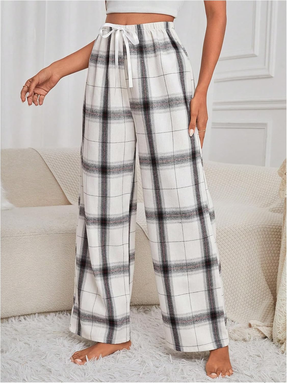 SHENHE Women's Plaid Tie Front Pajama Pants Straight Leg Loose Comfy Sleepwear Bottom
