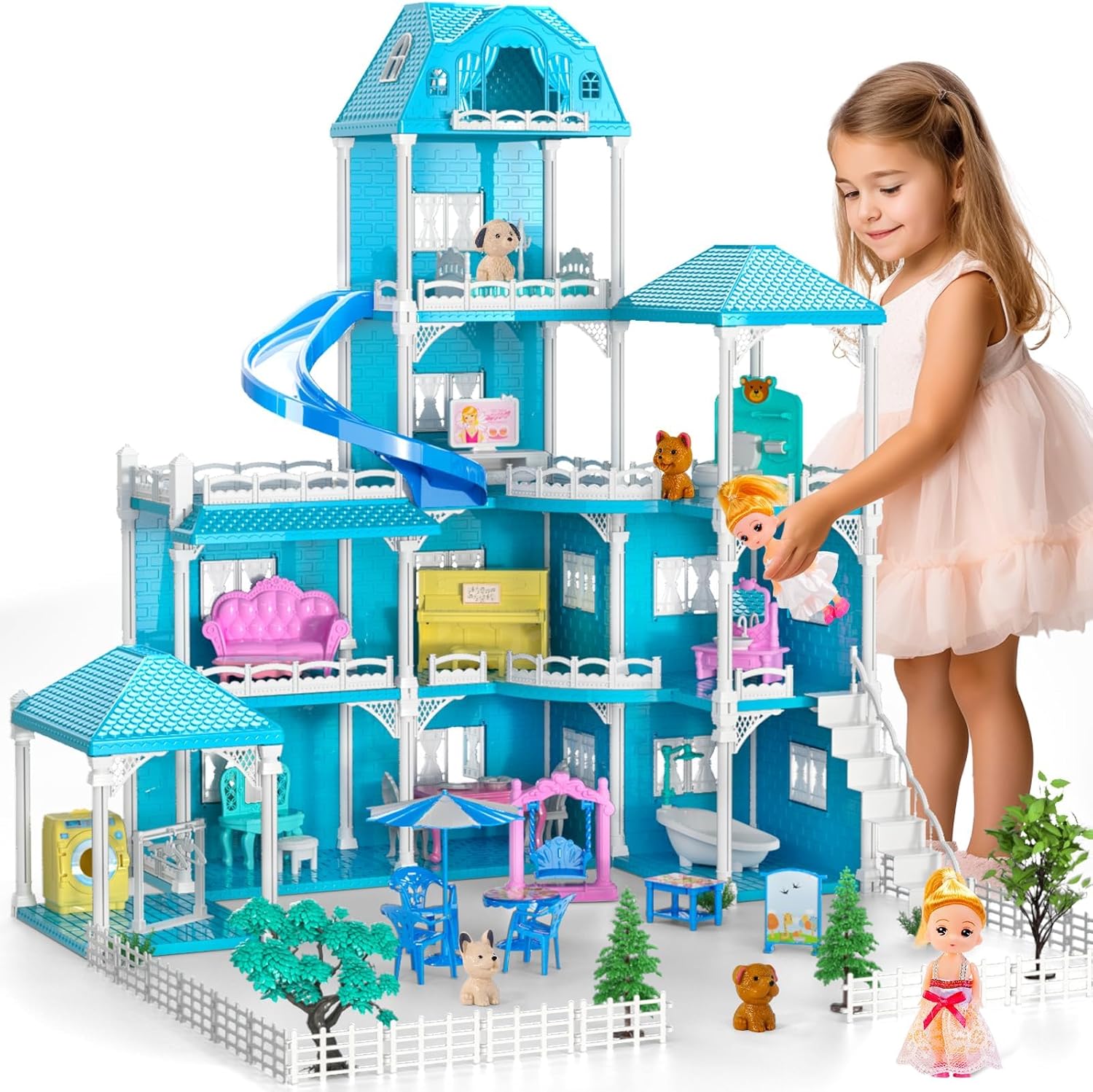Doll House, Dream House Furniture Blue Girl Toys, 4 Stories