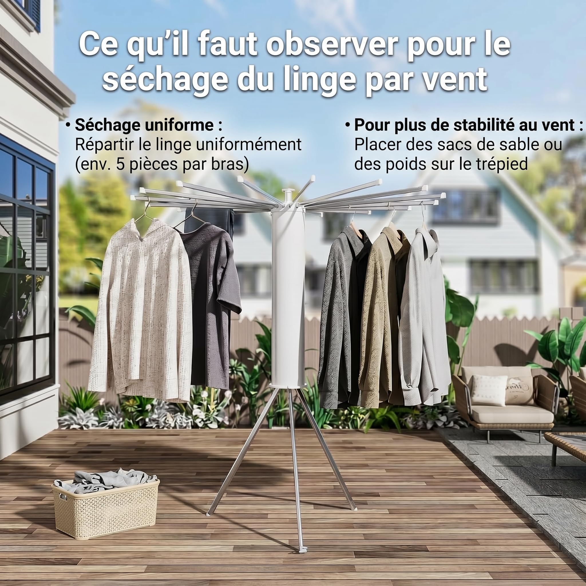 Étendoir à Linge Pliable 360° Pivotant – Séchoir à Linge Intérieur Extérieur Gain de Place avec 16 Bras en Acier Carbone, Étendoir Vertical Extensible pour Balcon, Camping, Buanderie